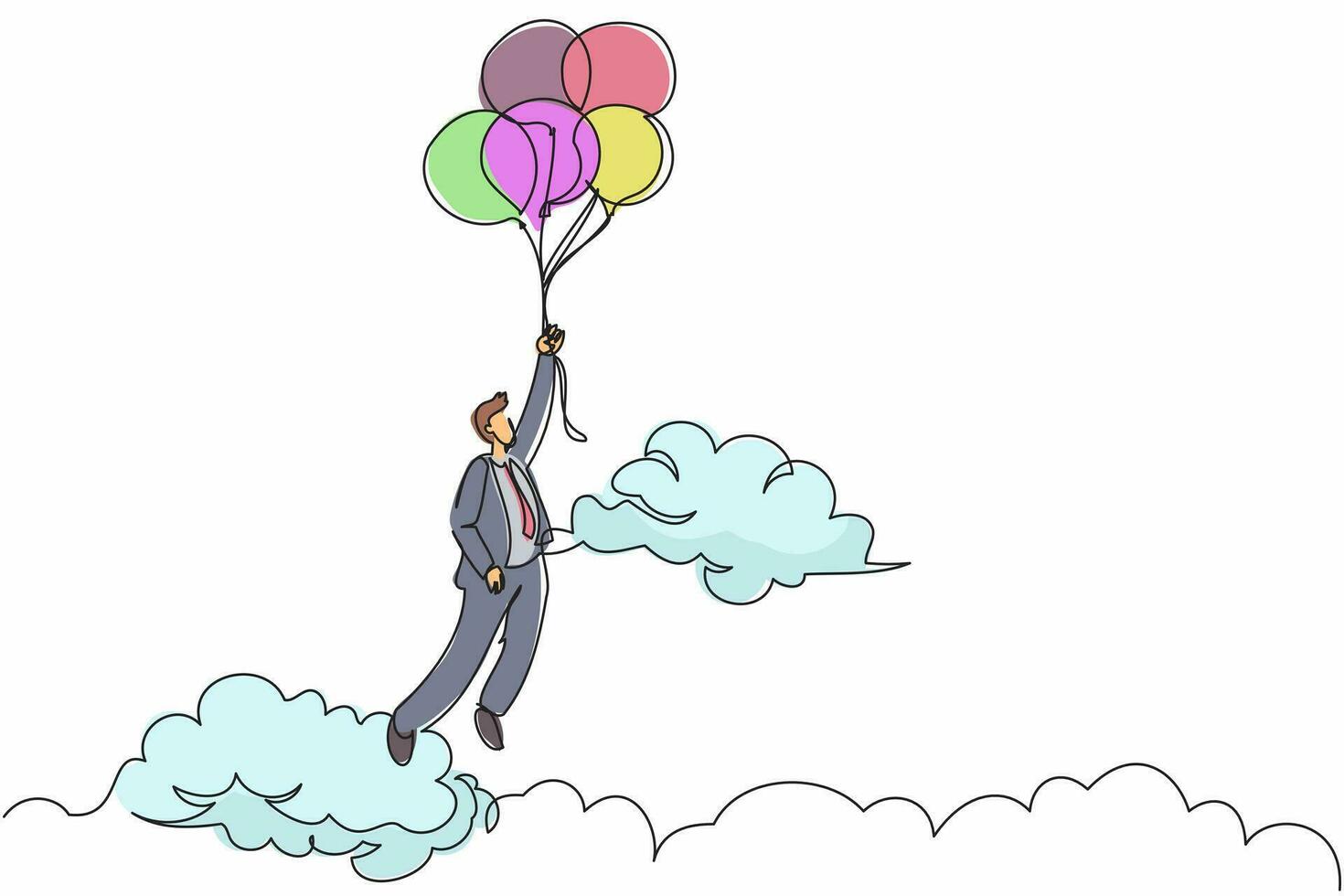 Single one line drawing businessman floating and holding flying balloon through cloud. Office worker reaches goal, target, find solution. Modern continuous line draw design graphic vector illustration