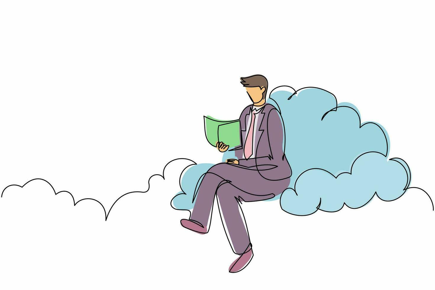 dibujo de una línea continua hombre de negocios inteligente sentado en un libro de lectura en la nube. educación superior para perseguir el crecimiento profesional. literatura de estudio de trabajadores de oficina. ilustración gráfica de vector de diseño de línea única