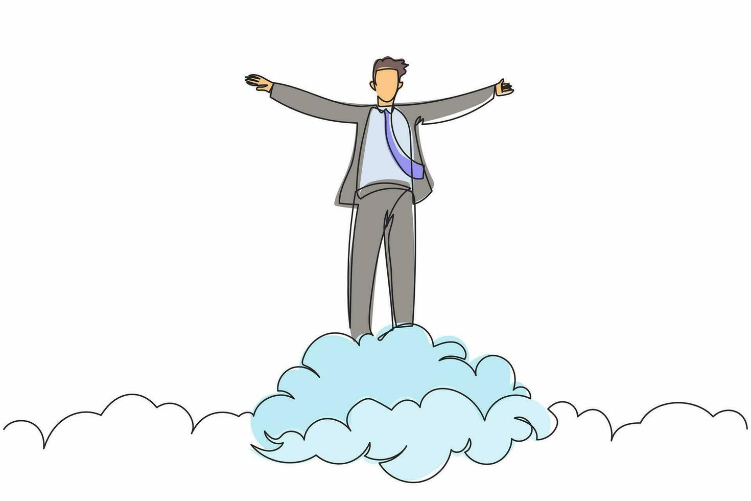 Continuous one line drawing happy businessman on top of cloud with raised hand. Successful business working manager. Financial freedom, happiness, peaceful. Single line draw design vector illustration