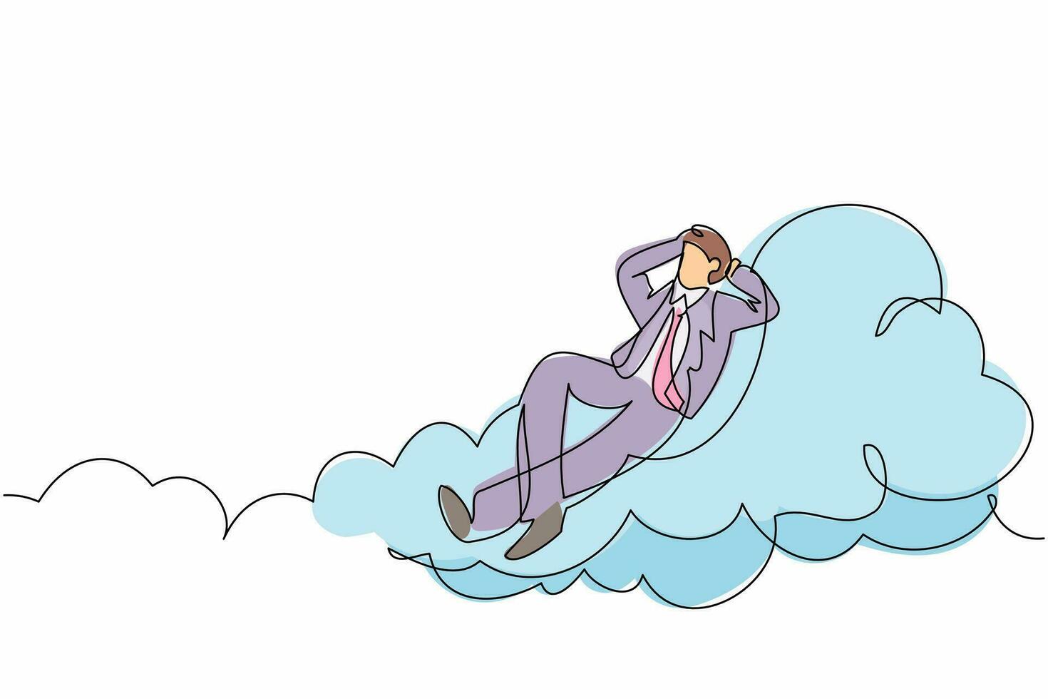 Single one line drawing relaxed and successful businessman relaxing laying on clouds. Happy and enjoy male relaxation, vacation, take a break. Continuous line draw design graphic vector illustration