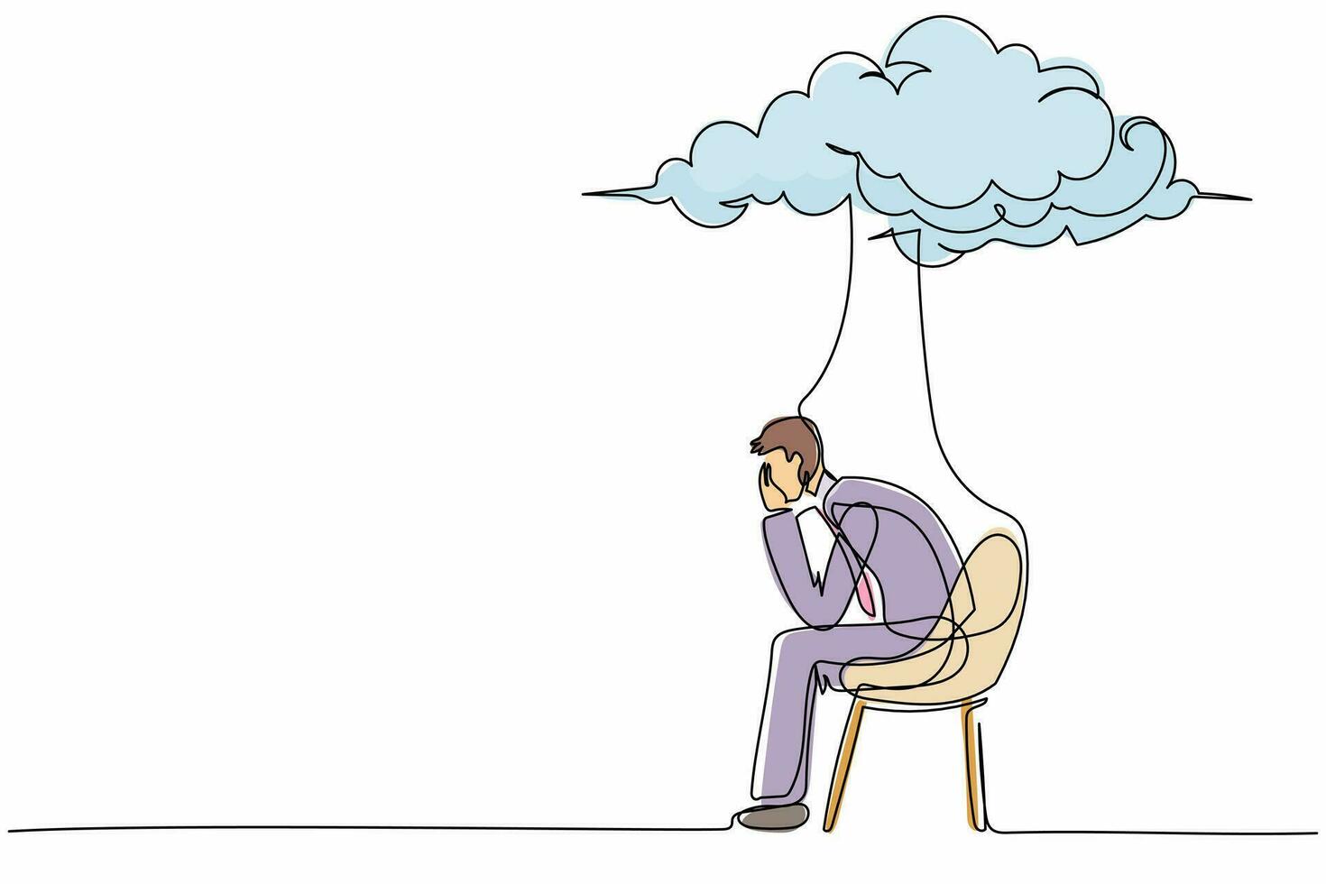 Continuous one line drawing worried businessman sitting on chair under rain cloud. Concept of business failure, collapse economy, economic crisis. Single line draw design vector graphic illustration