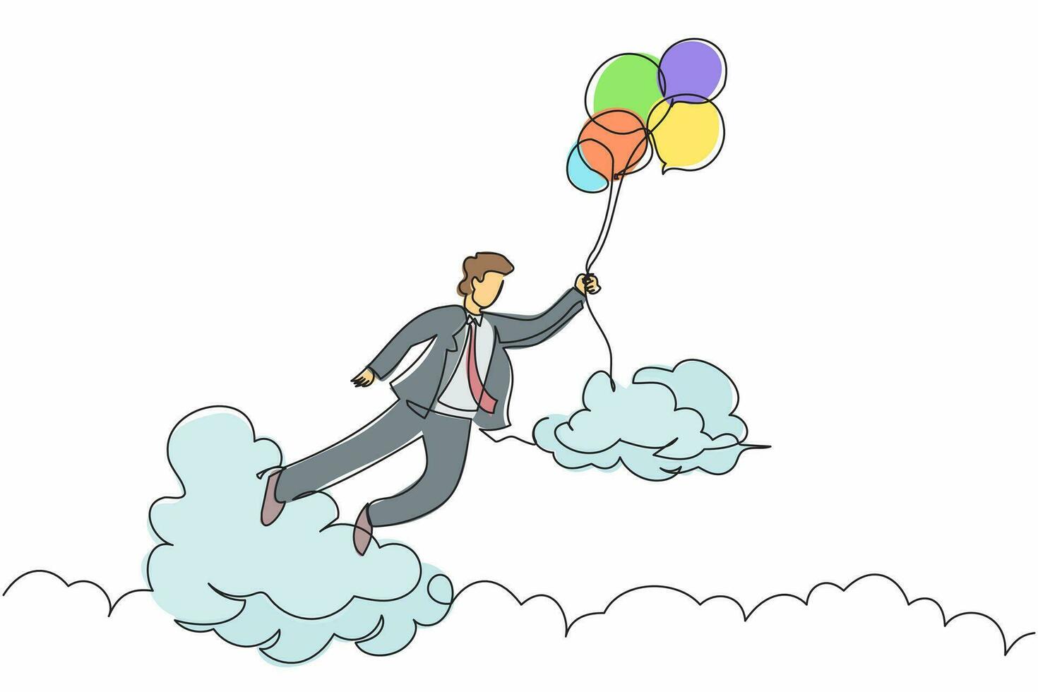 Continuous one line drawing happy wealthy businessman flying with balloon. Office worker achieve financial independence. Success business metaphor. Single line draw design vector graphic illustration