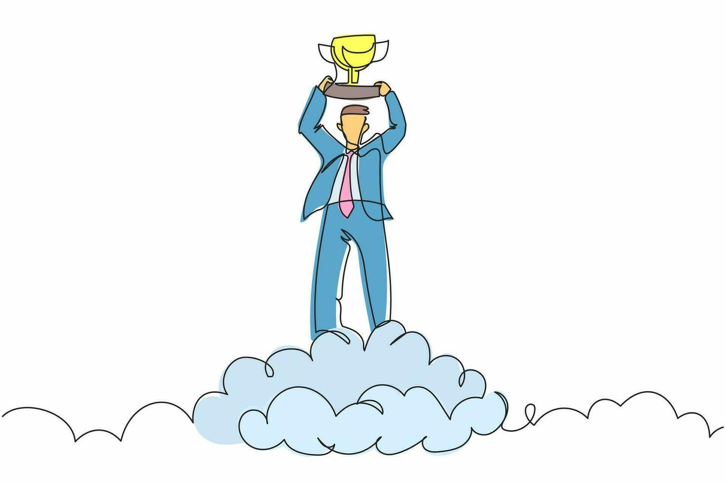 Single one line drawing businessman holding trophy in cloud. Manager celebrates his victory in sky. Business success goal achievement. Winning award. Continuous line graphic design vector illustration