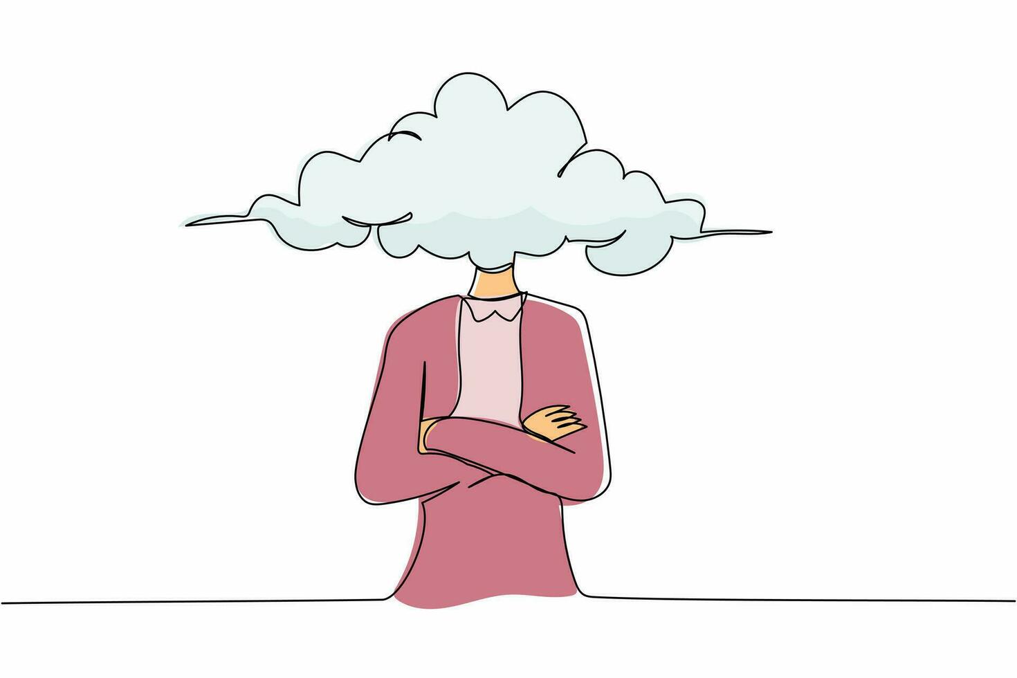 Single continuous line drawing cloud head businesswoman. Woman with empty head and cloud instead. Distracted, daydreaming, absent. Business metaphor. One line draw graphic design vector illustration