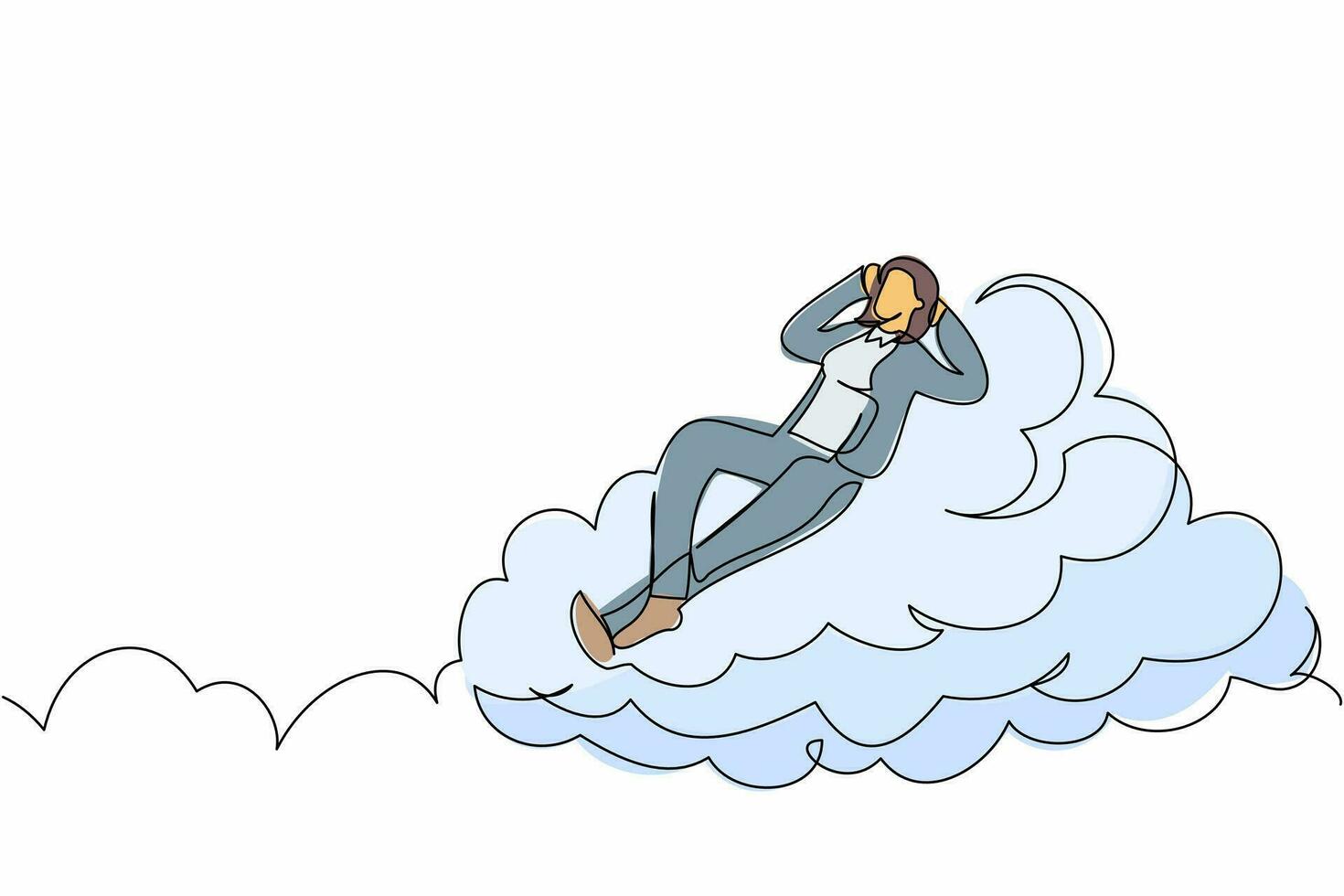 Continuous one line drawing happy successful businesswoman relaxing laying on clouds. Resting relaxation manager enjoy break time after office hour. Single line draw design vector graphic illustration