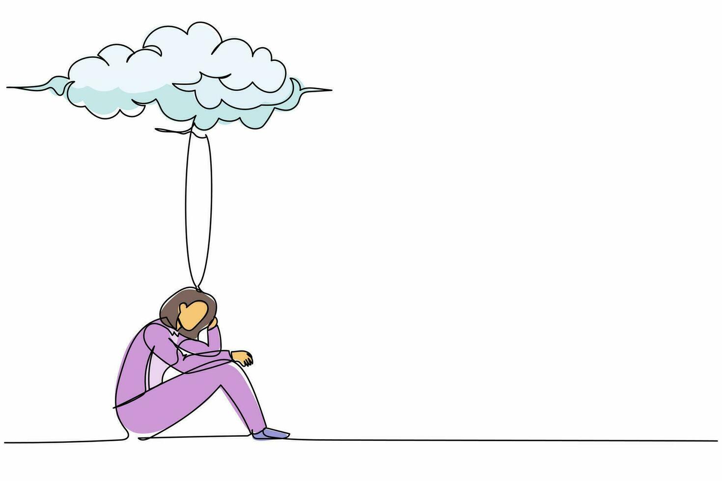 Single one line drawing unhappy depressed businesswoman feeling sad, depression sitting under rain cloud. Sad worker in stress with problem. Continuous line draw design graphic vector illustration