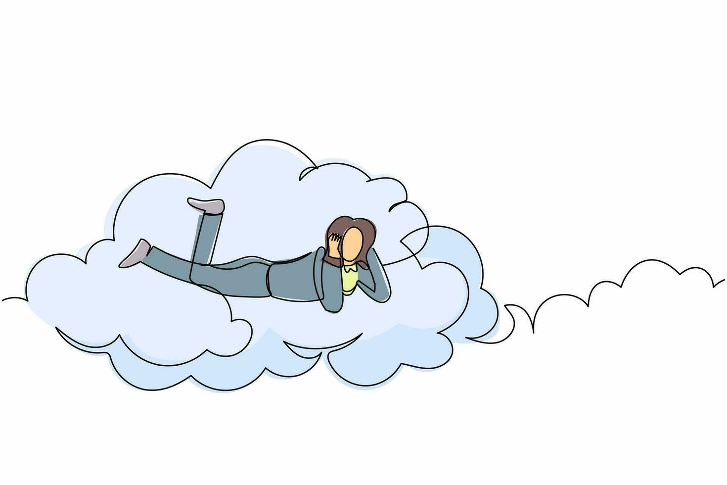 Continuous one line drawing dreamer businesswoman lay on the clouds and dreaming or thinking about new business project. Female resting after work. Single line draw design vector graphic illustration