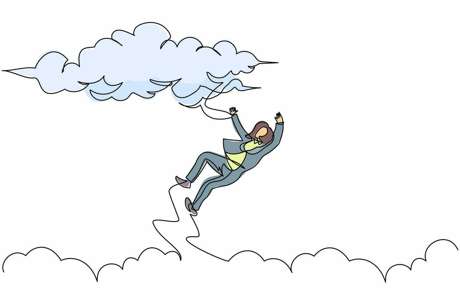 Single continuous line drawing unlucky businesswoman falling from sky. Failure and defeat. Employee dismissal, bankruptcy. Financial crisis, losing job. One line graphic design vector illustration