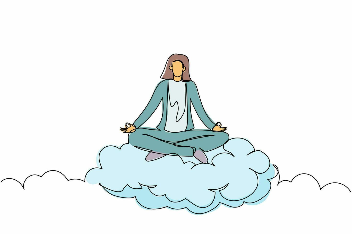 Single one line drawing relaxed businesswoman meditates in lotus position on clouds. Restful female manager relaxing with yoga and meditation pose. Continuous line design graphic vector illustration