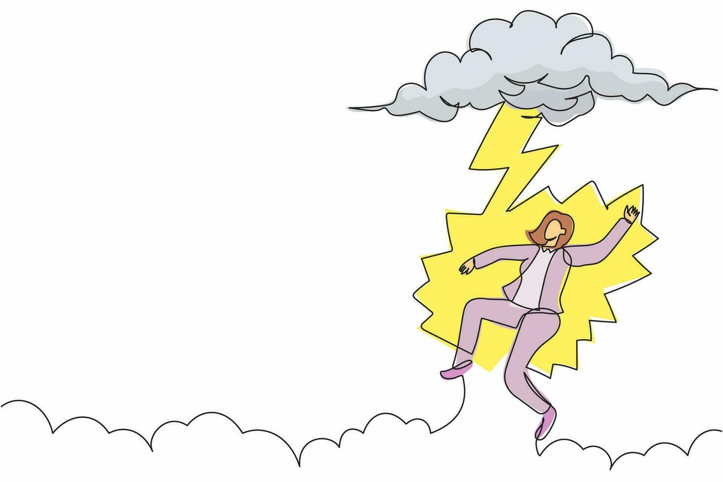Single continuous line drawing unlucky businesswoman struck by lightning or thunder from cloud. Feel bad luck in business. Misery, disaster, risk, danger. One line graphic design vector illustration
