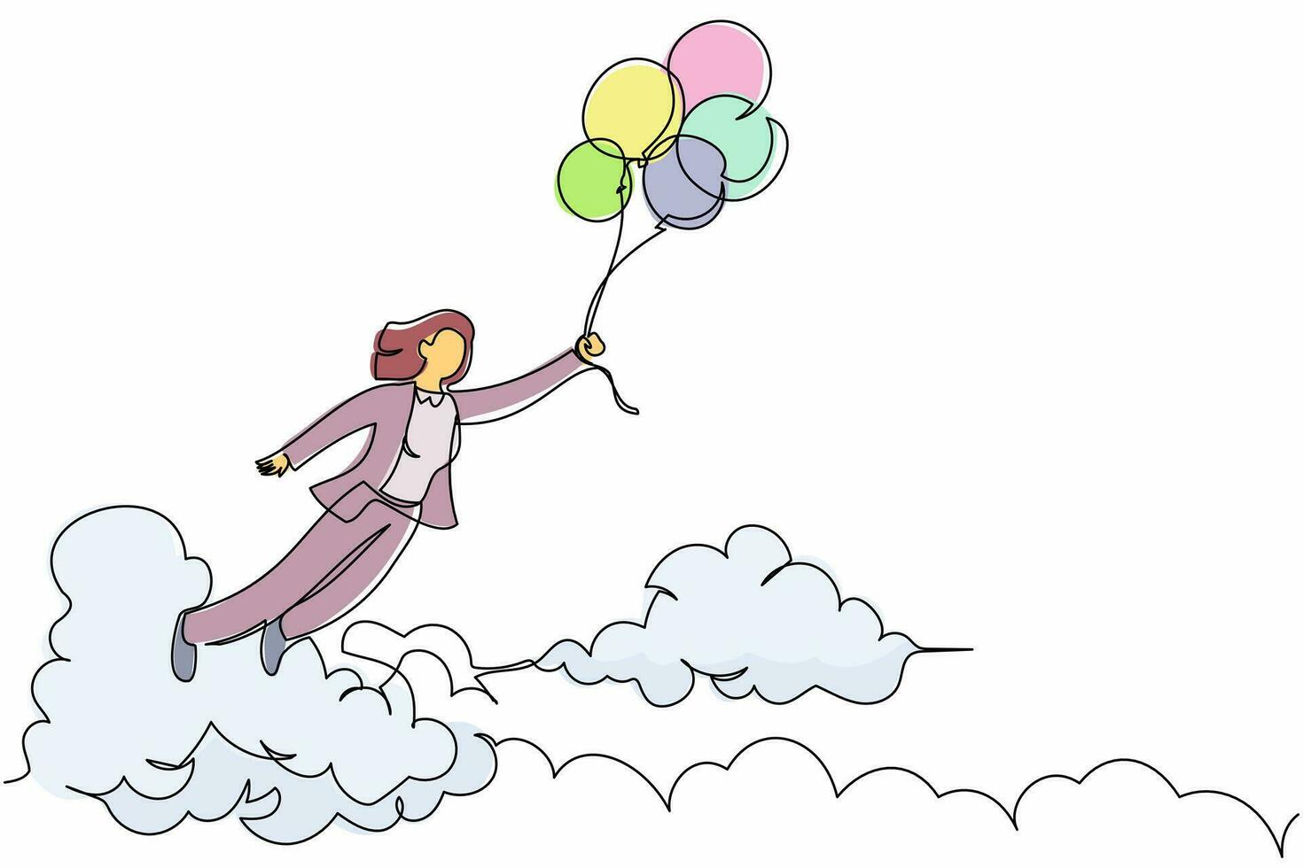 Continuous one line drawing happy wealthy businesswoman flying with balloon air in the sky. Office worker achieve financial independence. Single line design vector graphic illustration illustration