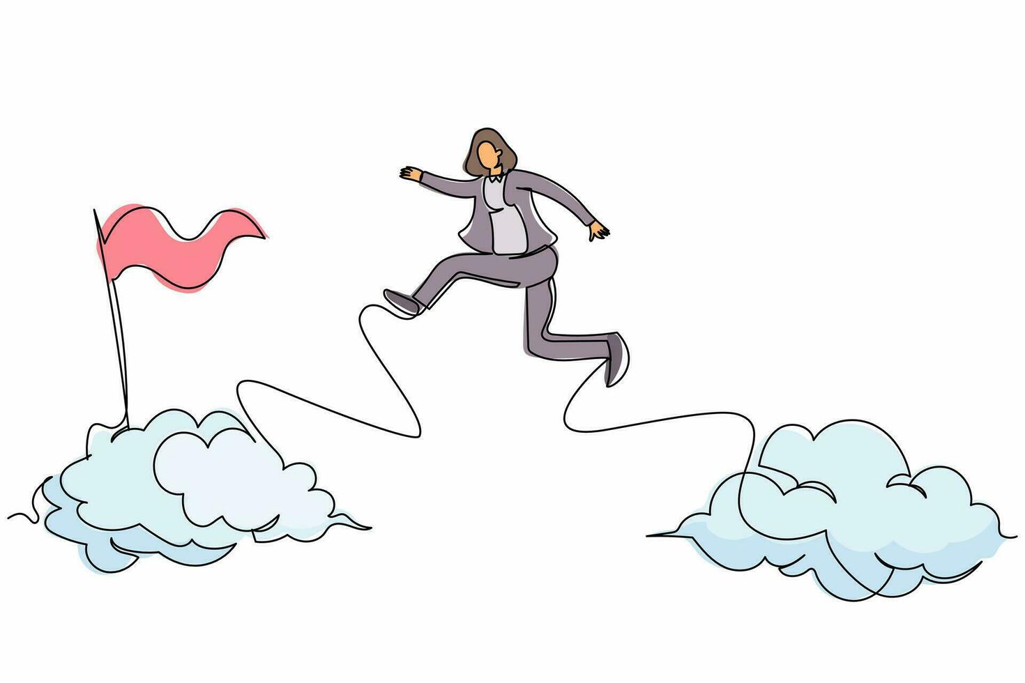 Continuous one line drawing brave businesswoman jump and leap over clouds to reach success target flag. Challenge of her career. Business metaphor. Single line draw design vector graphic illustration