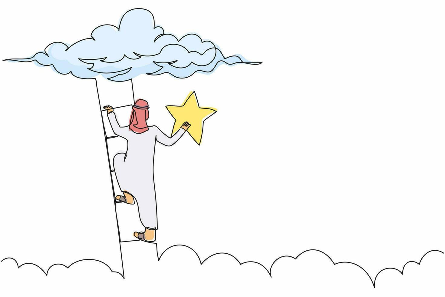 Single continuous line drawing Arabian businessman climbing ladder or stairs and reaching star on sky for success. Business goal, career, achievement. One line draw graphic design vector illustration