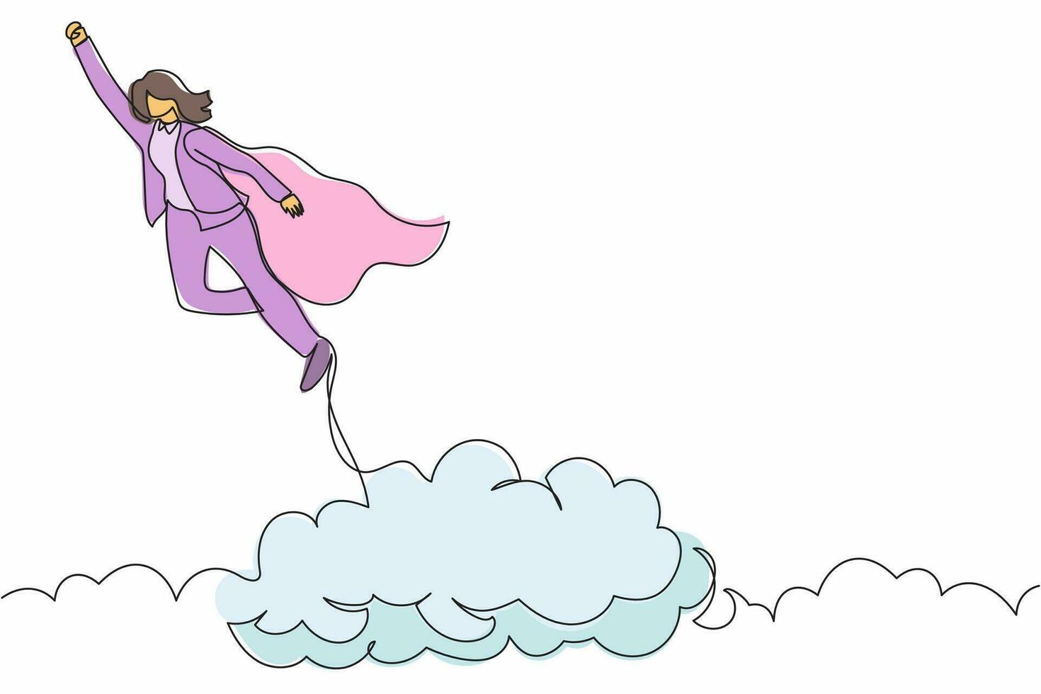 Single continuous line drawing strong businesswoman superhero flying up to success. Super worker in cloak takes off. Power uniqueness business project. One line draw graphic design vector illustration