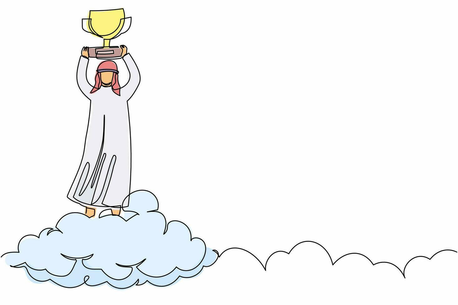 Continuous one line drawing Arabian businessman holding trophy in cloud. Office worker celebrates victory in sky. Business success goal achievement. Single line draw design vector graphic illustration