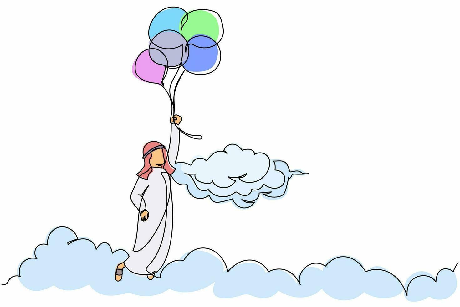 Single continuous line drawing Arabian businessman flying with balloon through cloud. Employee reaches goal, target, find solution. Financial freedom. One line draw graphic design vector illustration