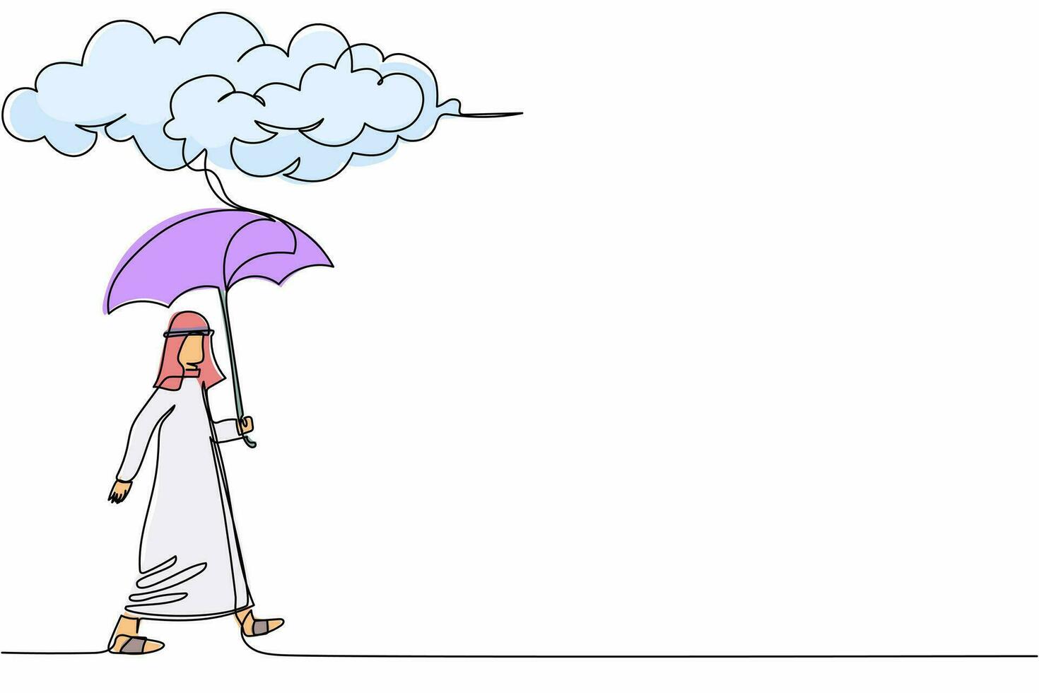 Single continuous line drawing Arabian businessman walking with umbrella under rain cloud. Depression, failed in business, passerby at rainy weather. One line draw graphic design vector illustration