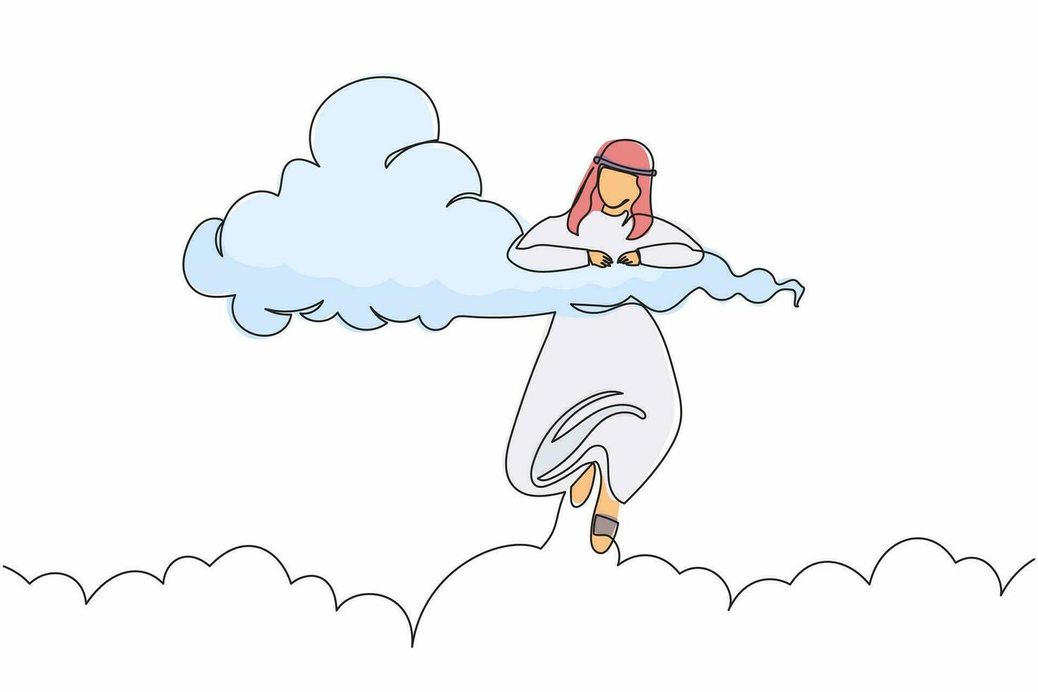 Continuous one line drawing relaxing Arab businessman hang in clouds. Hoping for success, financial freedom, winning business project, achievement. Single line draw design vector graphic illustration