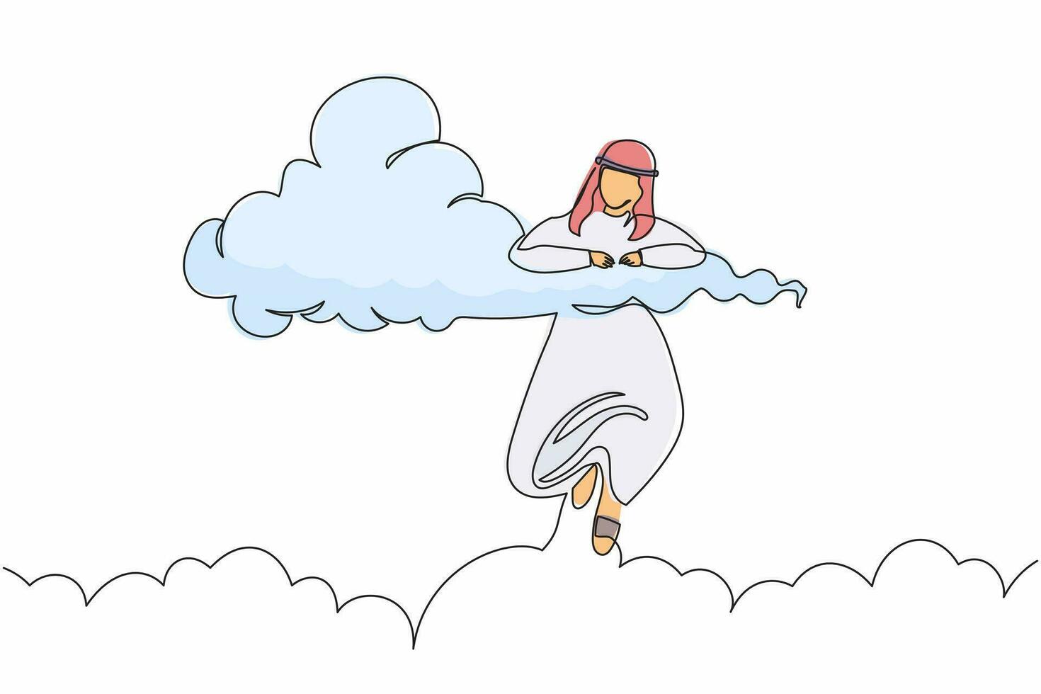 dibujo continuo de una línea relajante hombre de negocios árabe colgado en las nubes. esperanza de éxito, libertad financiera, proyecto empresarial ganador, logro. ilustración gráfica de vector de diseño de dibujo de una sola línea