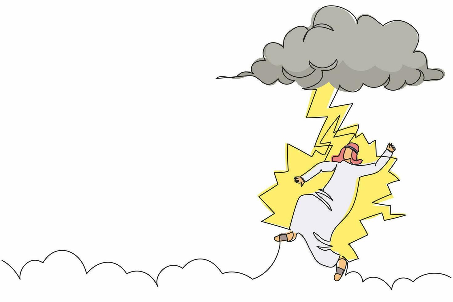 Single continuous line drawing unlucky Arabian businessman struck by lightning or thunder from dark cloud. Bad luck, misery, disaster, risk, danger. One line draw graphic design vector illustration