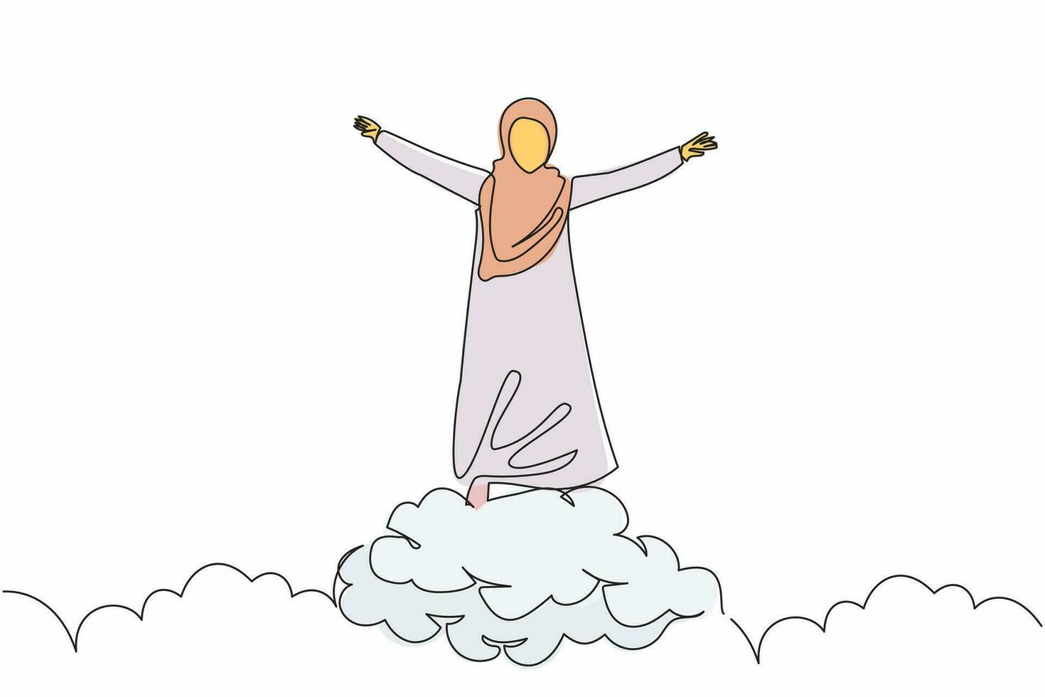 Single continuous line drawing Arab businesswoman on top of cloud with raised hands. Successful office worker. Financial freedom, happiness, peaceful. One line draw graphic design vector illustration