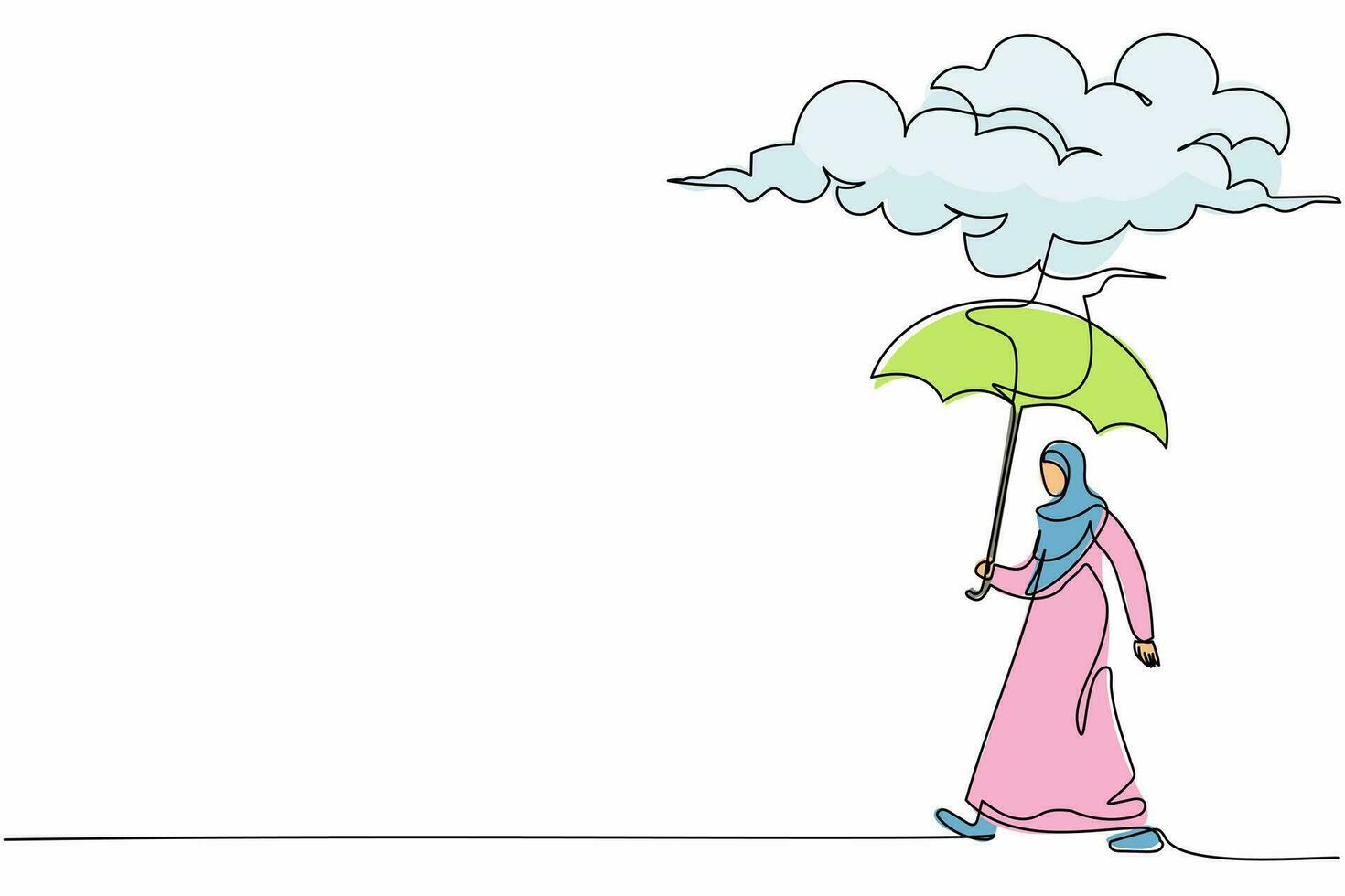 Continuous one line drawing sadness Arabian businesswoman walking with umbrella stand under rain cloud. Depression, cry, passerby at rainy weather. Single line draw design vector graphic illustration