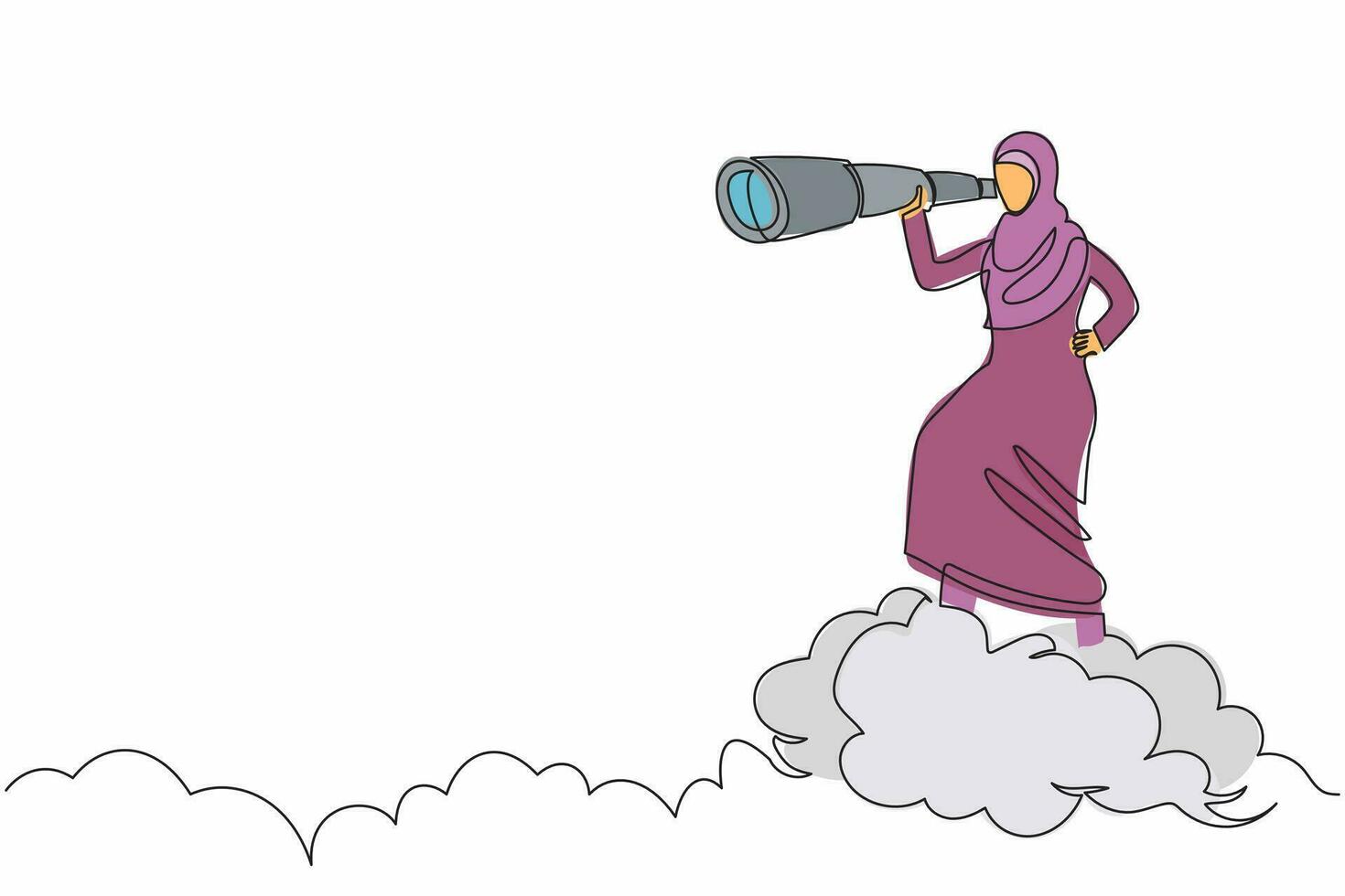 Single one line drawing Arabian businesswoman on top cloud holding binocular to search for business vision. Leadership to see company strategy. Continuous line draw design graphic vector illustration