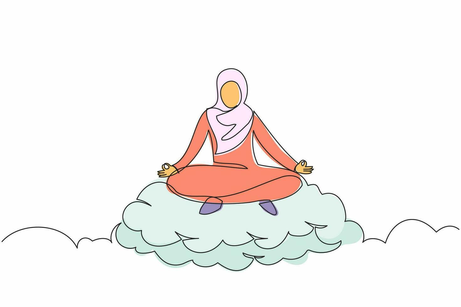 Single continuous line drawing relaxed Arab businesswoman meditates in lotus position on cloud. Restful Arabian female relaxing with yoga pose. Dynamic one line draw graphic design vector illustration