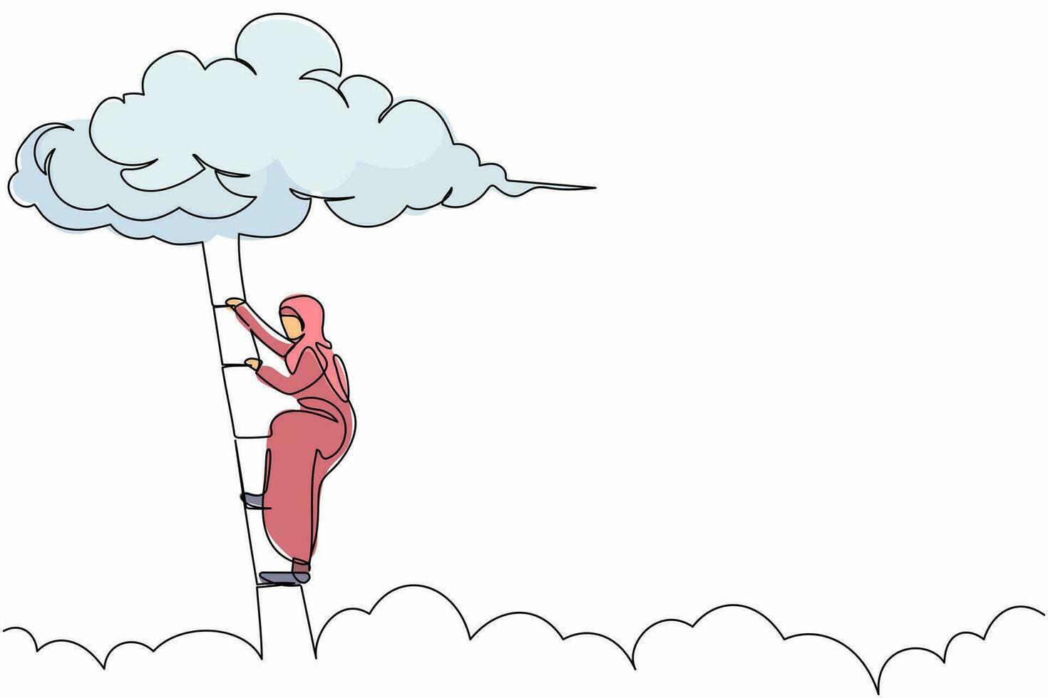 Single one line drawing Arabian businesswoman climbing up ladder to cloud. Professional career growth promotion. Business development program. Continuous line draw design graphic vector illustration