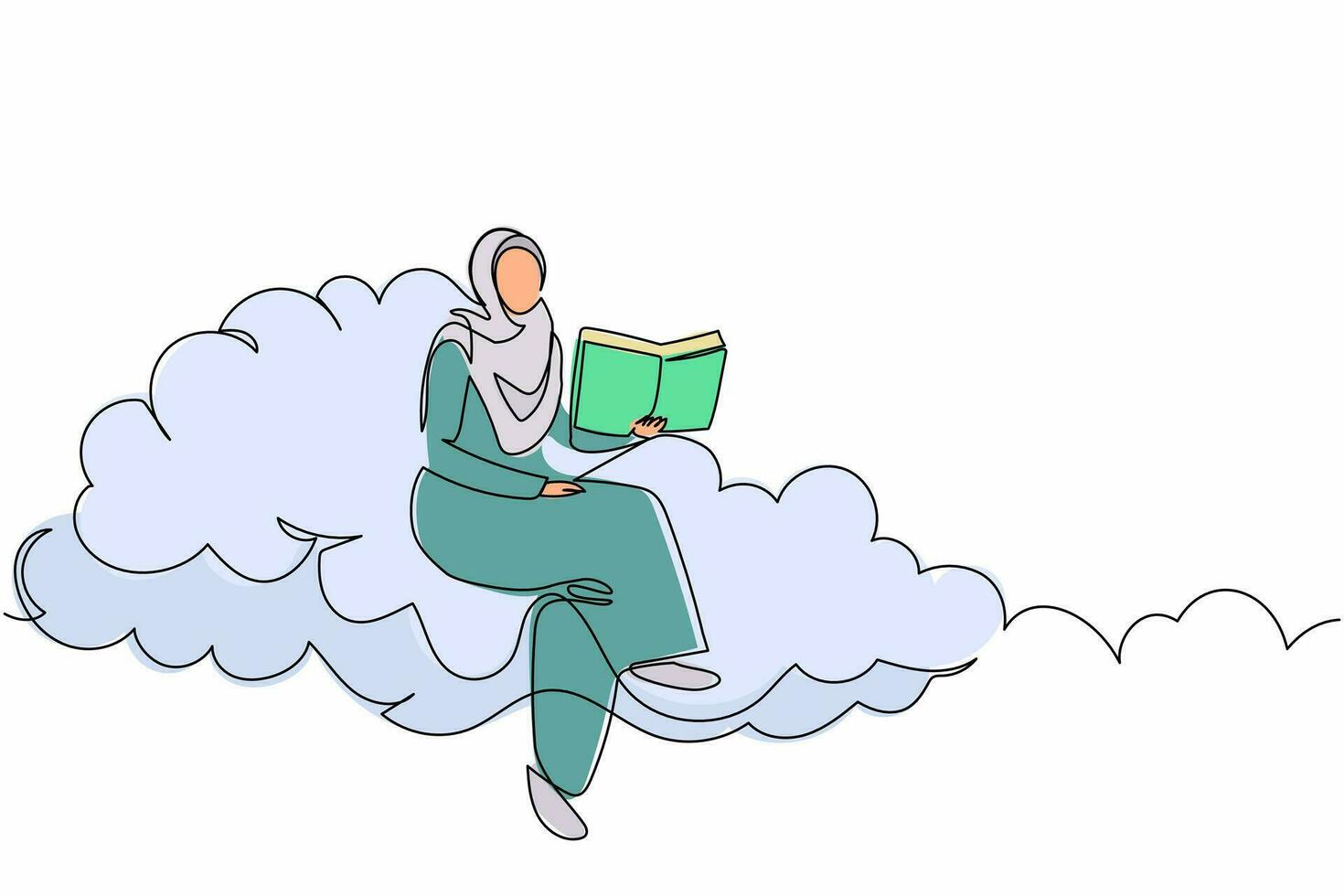 una sola línea dibujando a una mujer de negocios árabe inteligente sentada en la nube y leyendo un libro. estudiando educación superior para el trabajador. perseguir el crecimiento profesional. ilustración de vector gráfico de diseño de dibujo de línea continua