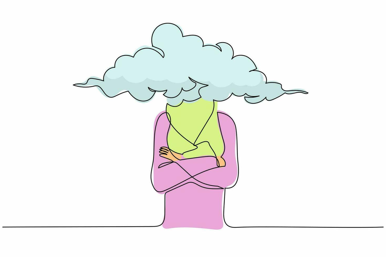 Single one line drawing cloud head Arab businesswoman. Female manager with empty head and cloud instead. Distracted, daydreaming, absent. Modern continuous line draw design graphic vector illustration