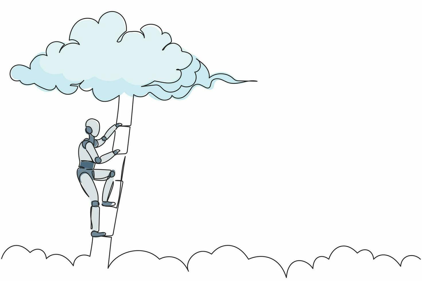 Single continuous line drawing robot climbing up ladder to cloud. Career path growth. Modern robotic artificial intelligence. Electronic technology industry. One line draw design vector illustration