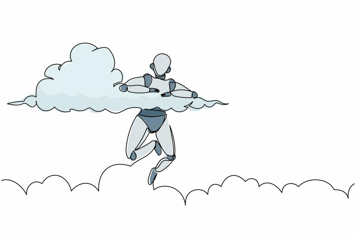 Continuous one line drawing robot hang in clouds. Hoping for success, winning business project. Humanoid robot cybernetic organism. Future robotic development. Single line design vector illustration
