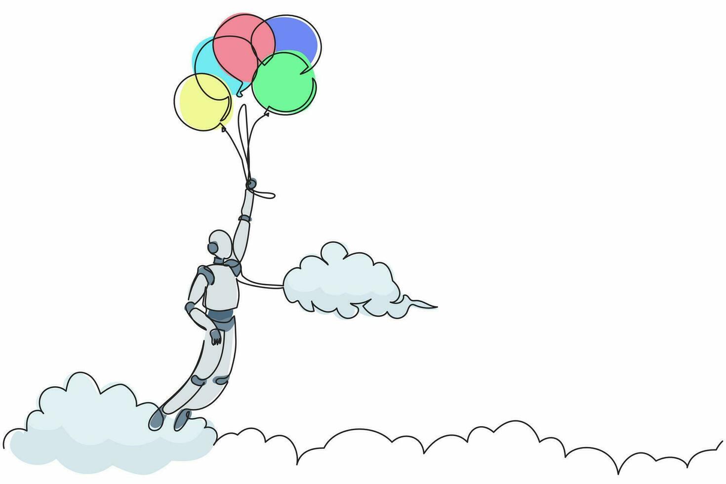 robot de dibujo de una sola línea volando con globo a través de la nube. alcanza la meta, el objetivo, encuentra la solución. desarrollo tecnológico futuro. inteligencia artificial. ilustración de vector de diseño de línea continua