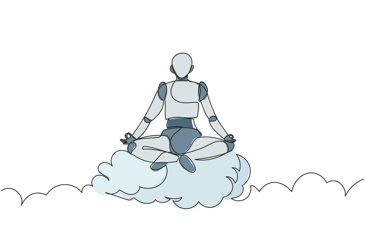 Single continuous line drawing robot meditates and resting in yoga position on clouds. Modern robotic artificial intelligence. Electronic technology industry. One line draw design vector illustration