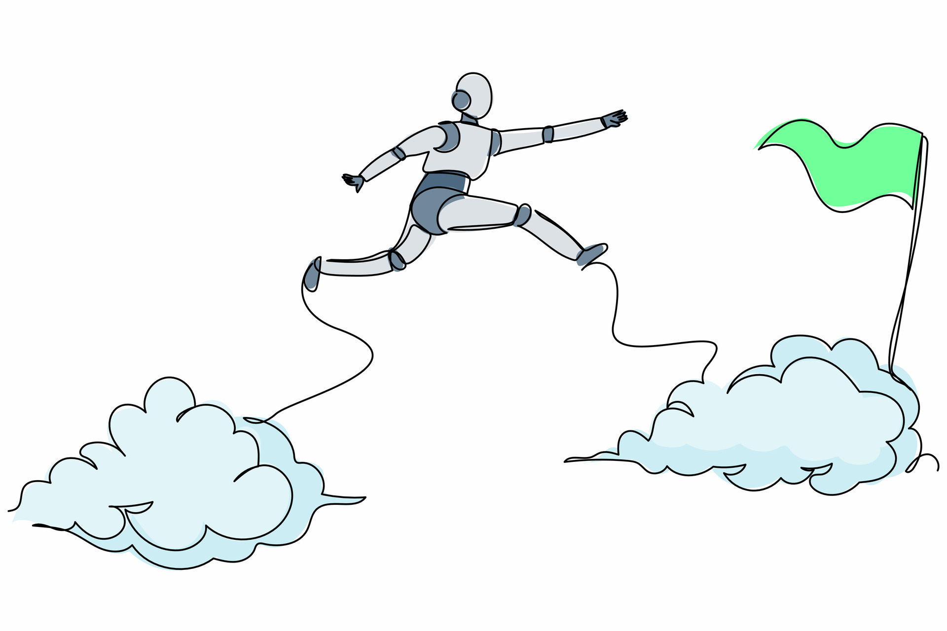 Continuous one line drawing robot jump over clouds to reach success ...
