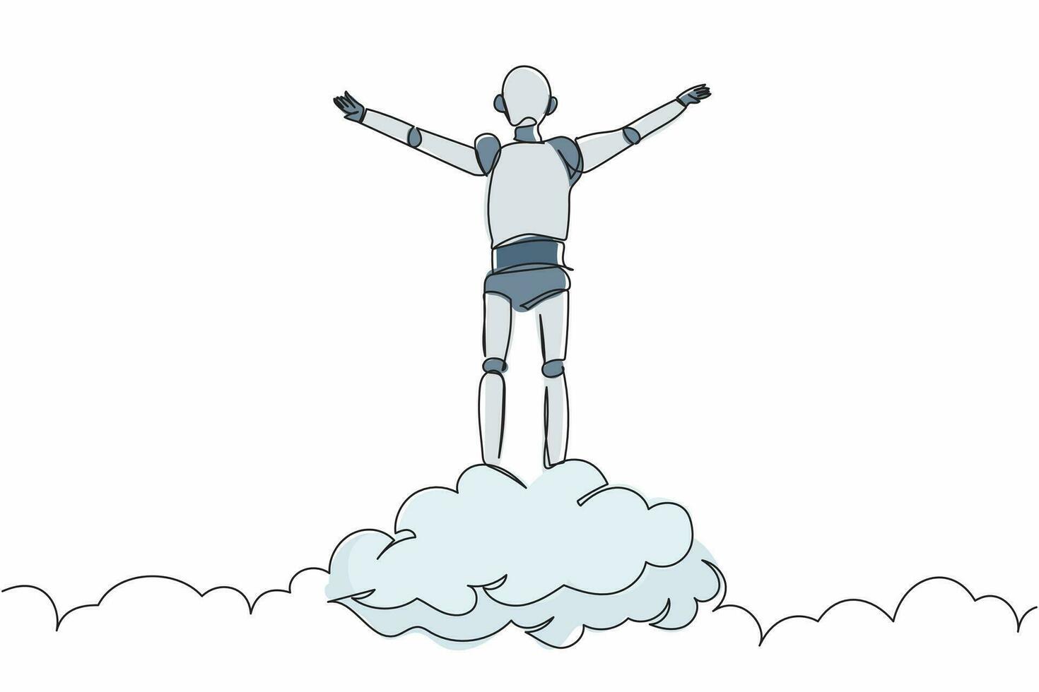 Single one line drawing robot on top of cloud with raised hand. Future technology development. Artificial intelligence and machine learning processes. Continuous line draw design vector illustration