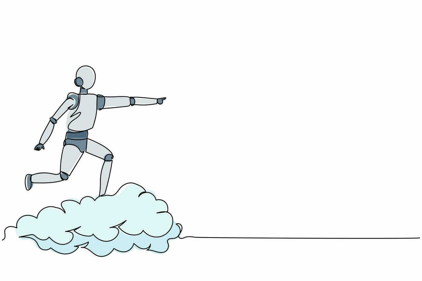 Single continuous line drawing robot riding cloud on the sky, pointing forward, go to future innovation. Robotic artificial intelligence. Electronic technology industry. One line graphic design vector