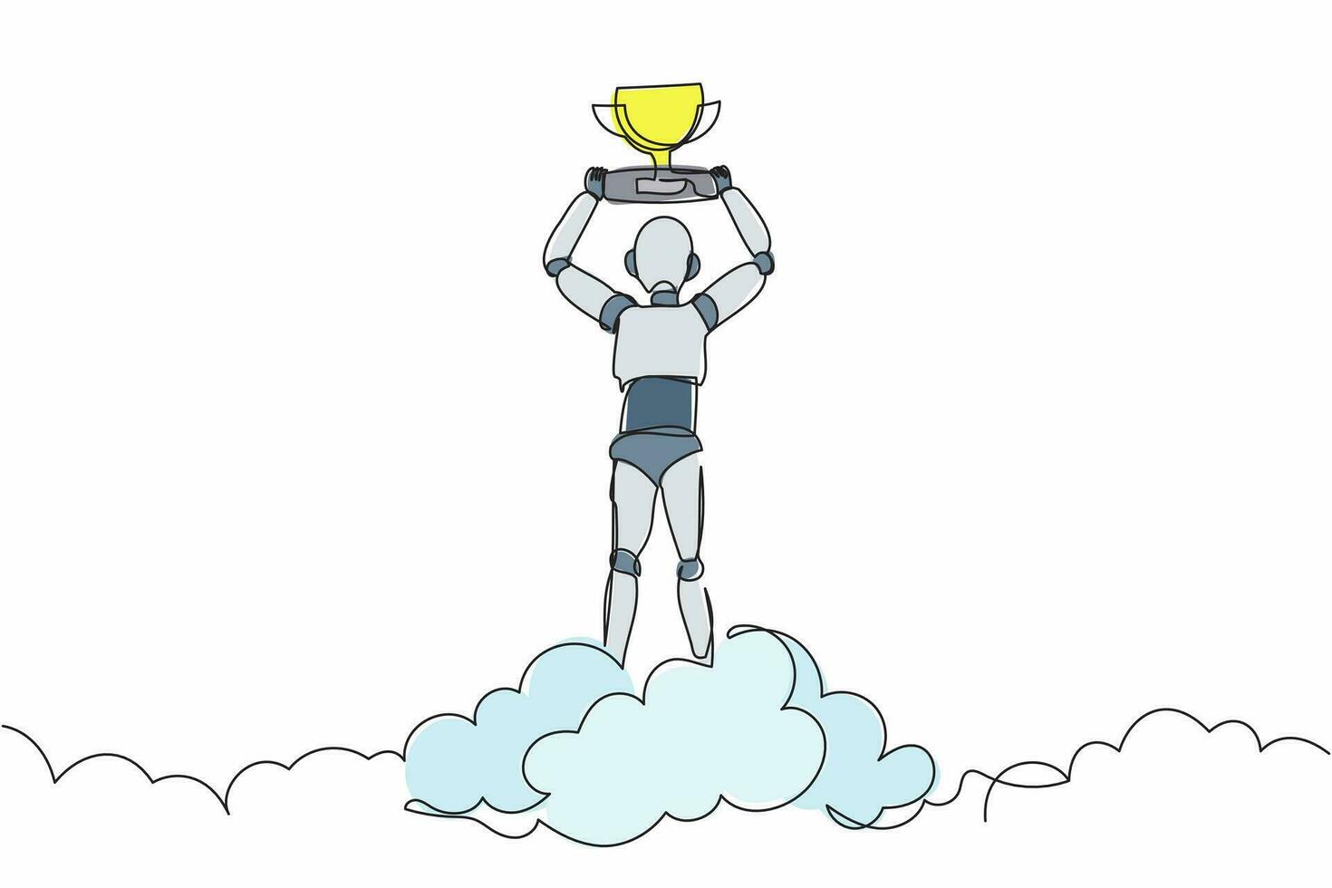 Single one line drawing robot holding trophy in cloud. Celebrates victory in sky. Future technology development. Artificial intelligence machine learning. Continuous line design vector illustration