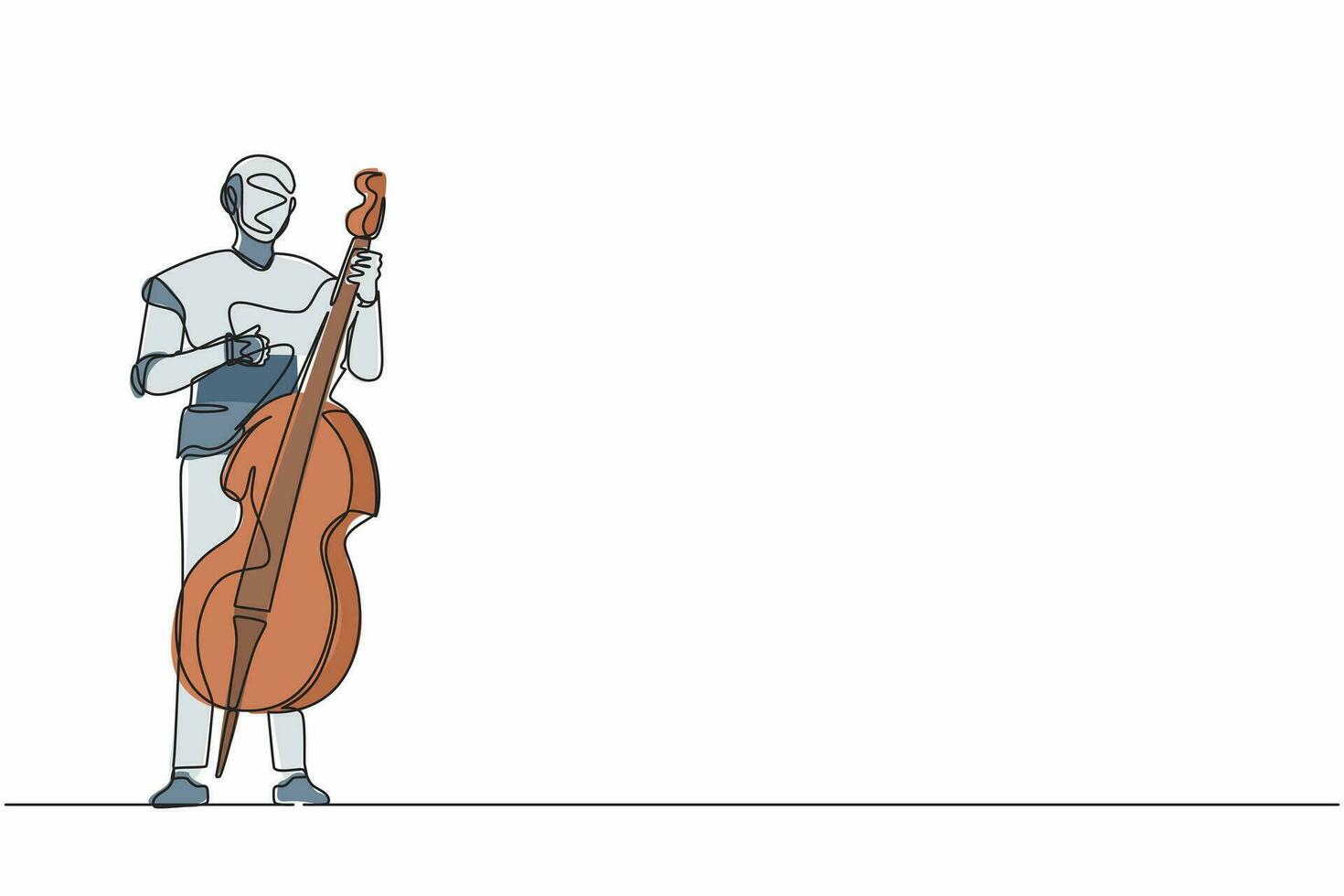 Continuous one line drawing robot musician playing double bass or contrabassist with finger. Humanoid robot cybernetic organism. Future robotic development. Single line draw design vector illustration