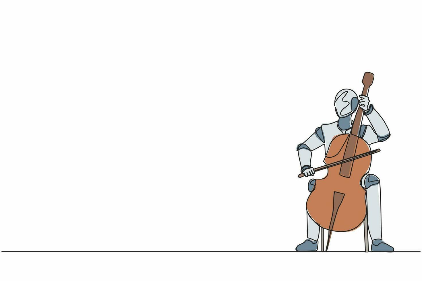 Single one line drawing robot playing stringed contrabass or cello. Future technology development. Artificial intelligence and machine learning. Continuous line draw design graphic vector illustration