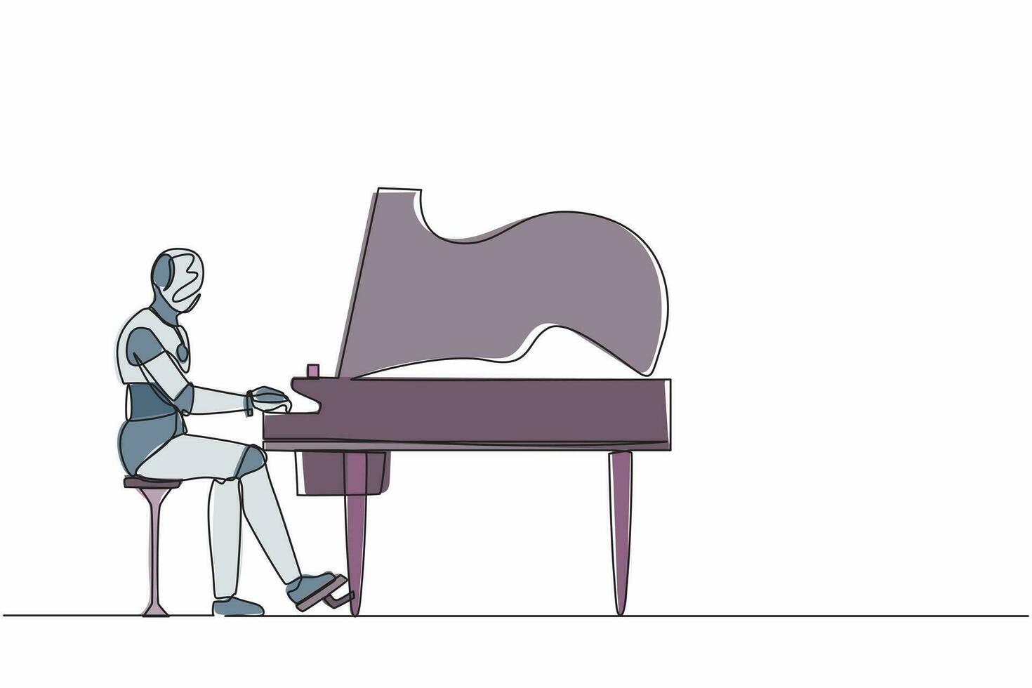 Single continuous line drawing robot sitting and playing grand piano on stage. Modern robotic artificial intelligence. Electronic technology industry. One line draw graphic design vector illustration