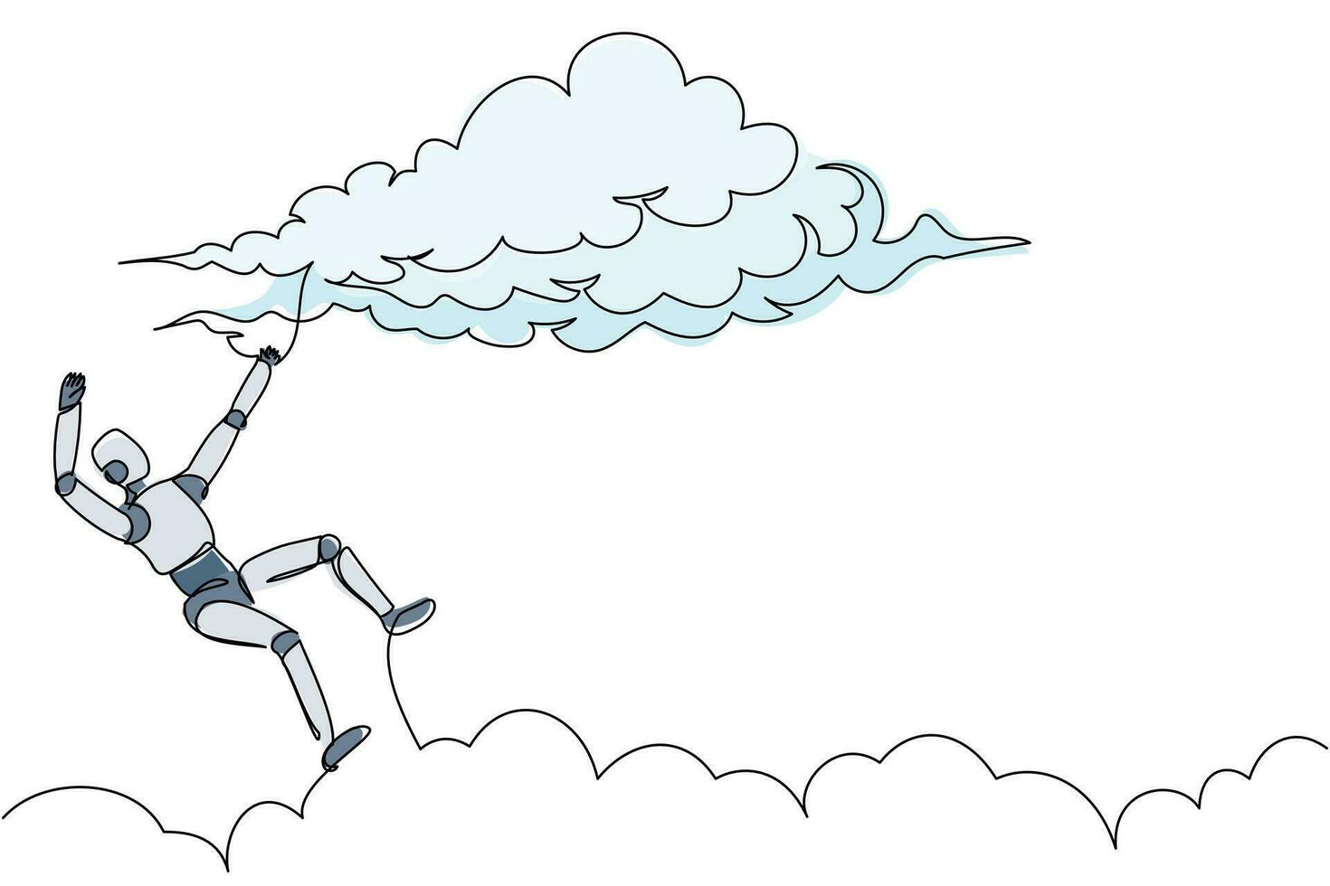 Single continuous line drawing unlucky robot falling from cloud sky. Loses business or job. Robotic artificial intelligence. Electronic technology industry. One line graphic design vector illustration