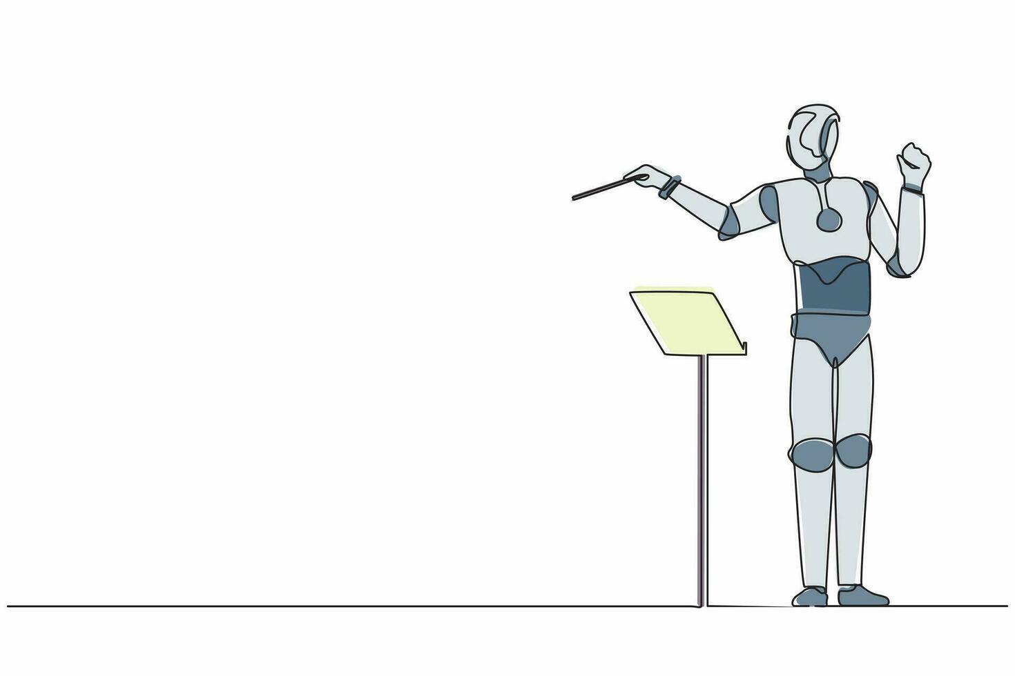 Single continuous line drawing expressive robot conductor directs music orchestra. Modern robotic artificial intelligence. Electronic technology industry. One line graphic design vector illustration