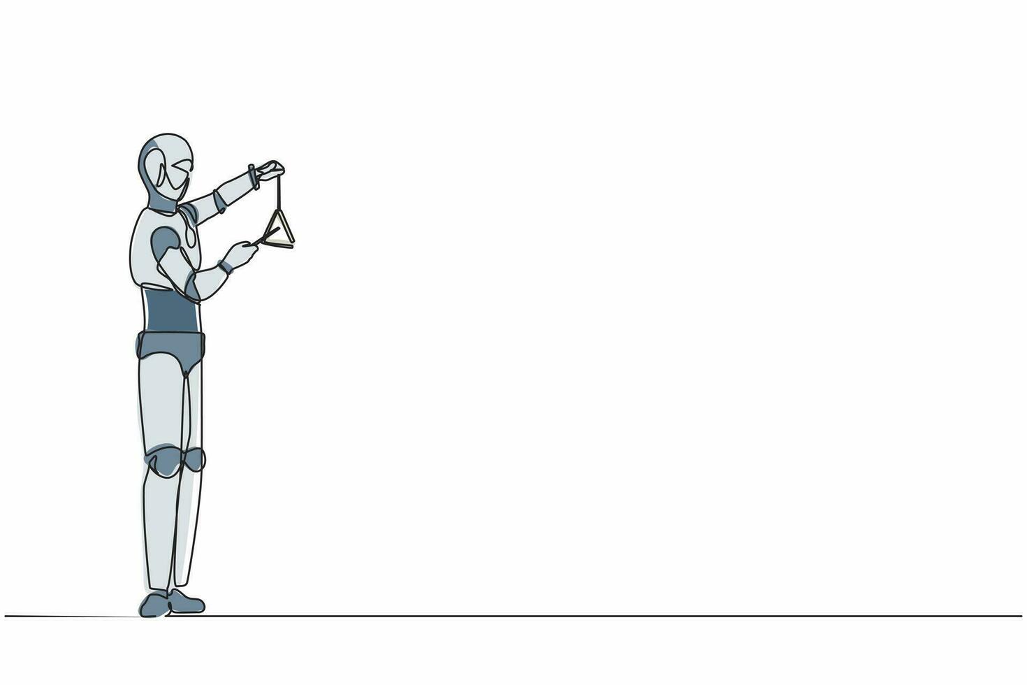 Continuous one line drawing robot musician playing musical triangle on stage. Classical music orchestra instrument. Humanoid robot cybernetic. Future robotic. Single line design vector illustration