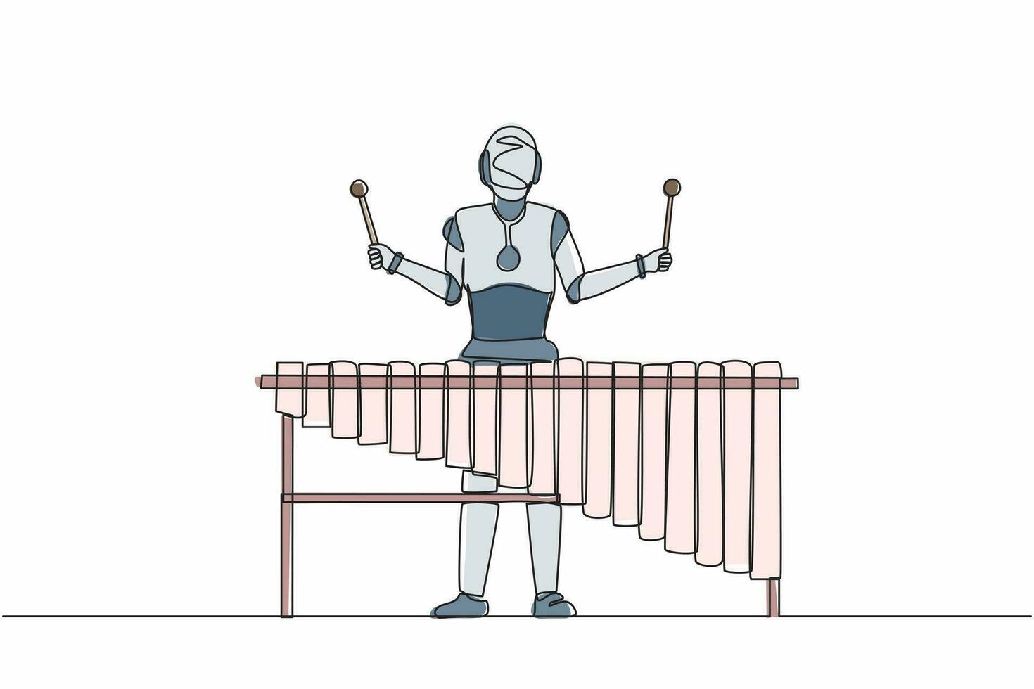 Single continuous line drawing robot percussion player play marimba at music folk festival. Robotic artificial intelligence. Electronic technology industry. One line draw design vector illustration
