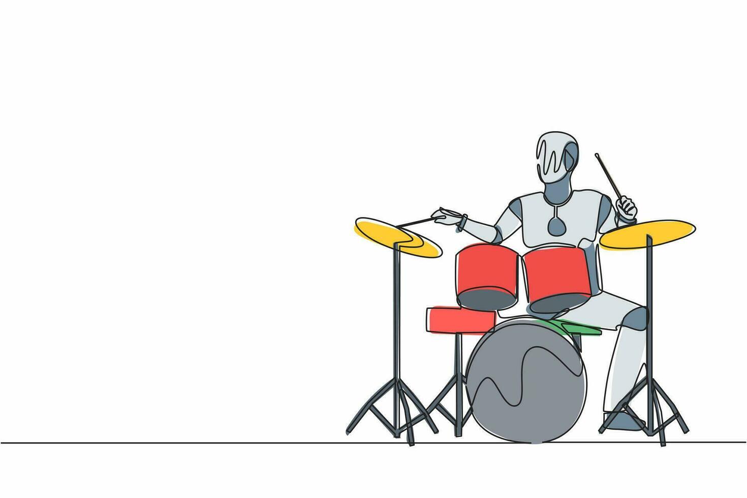 Single one line drawing robot playing drum instrument at music pop concert. Future technology development. Artificial intelligence and machine learning. Continuous line draw design vector illustration