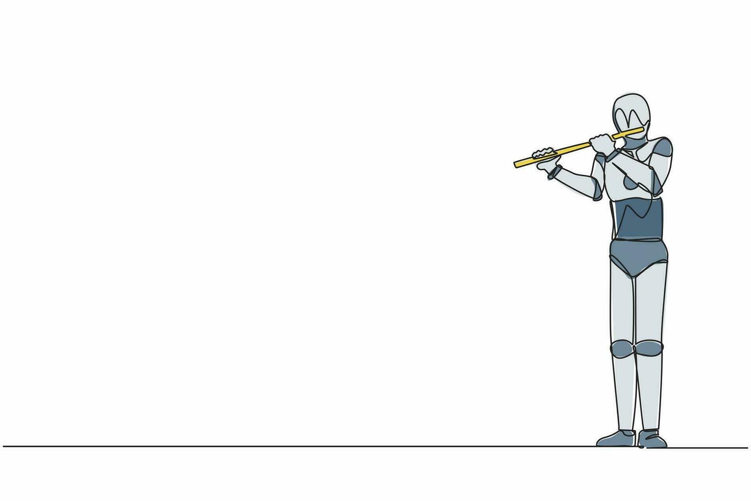Single continuous line drawing robot flutist performing classical music on wind instrument. Robotic artificial intelligence. Electronic technology industry. One line graphic design vector illustration