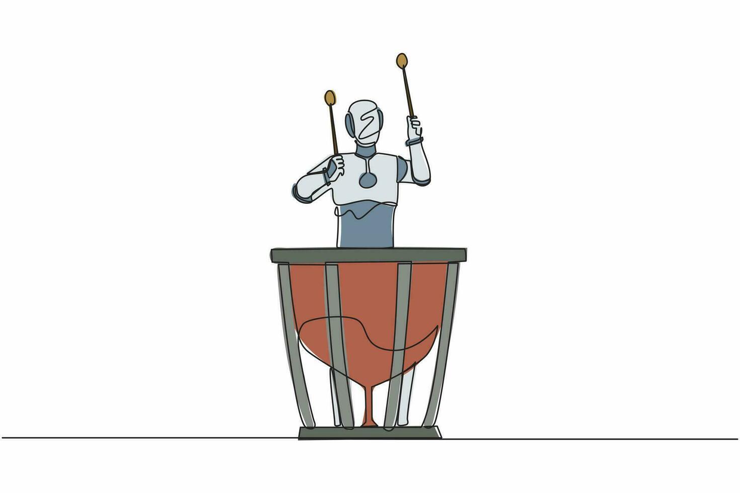 jugador de percusión de robot de dibujo de línea continua única que sostiene palo y toca timbales. Inteligencia artificial robótica. industria de la tecnología electrónica. ilustración de vector de diseño gráfico de dibujo de una línea