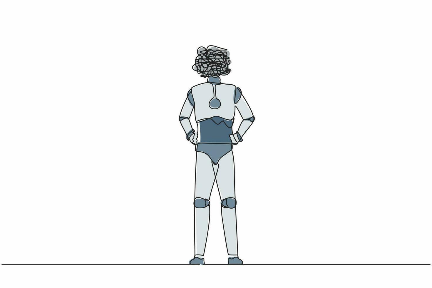 Single continuous line drawing robot with round scribbles instead of head, standing and holding hand on hip. Future technology development. Artificial intelligence. One line design vector illustration